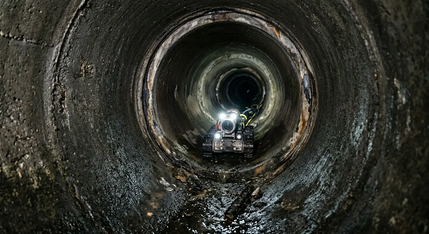 Robotic sewer camera inspecting pipe interior for Drain Snake Service in Halls