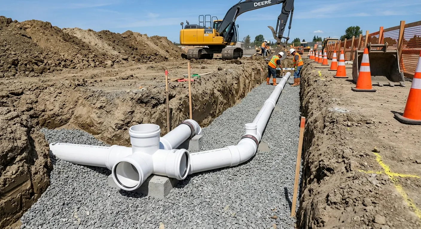 New PVC sewer pipe installation in open trench for Sewer Backup in Halls