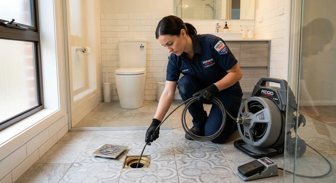 Technician clearing a bathroom floor drain for Drain Cleaning in Halls